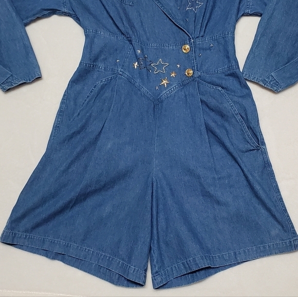 VINTAGE 80s Styleworks Beaded Star Studded Pleated Wide Leg Culotte Denim Romper - Picture 7 of 16